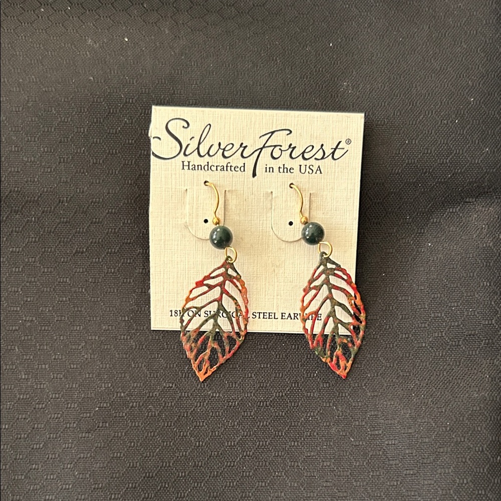 Silver Forest Red and Gold Leaf Earrings